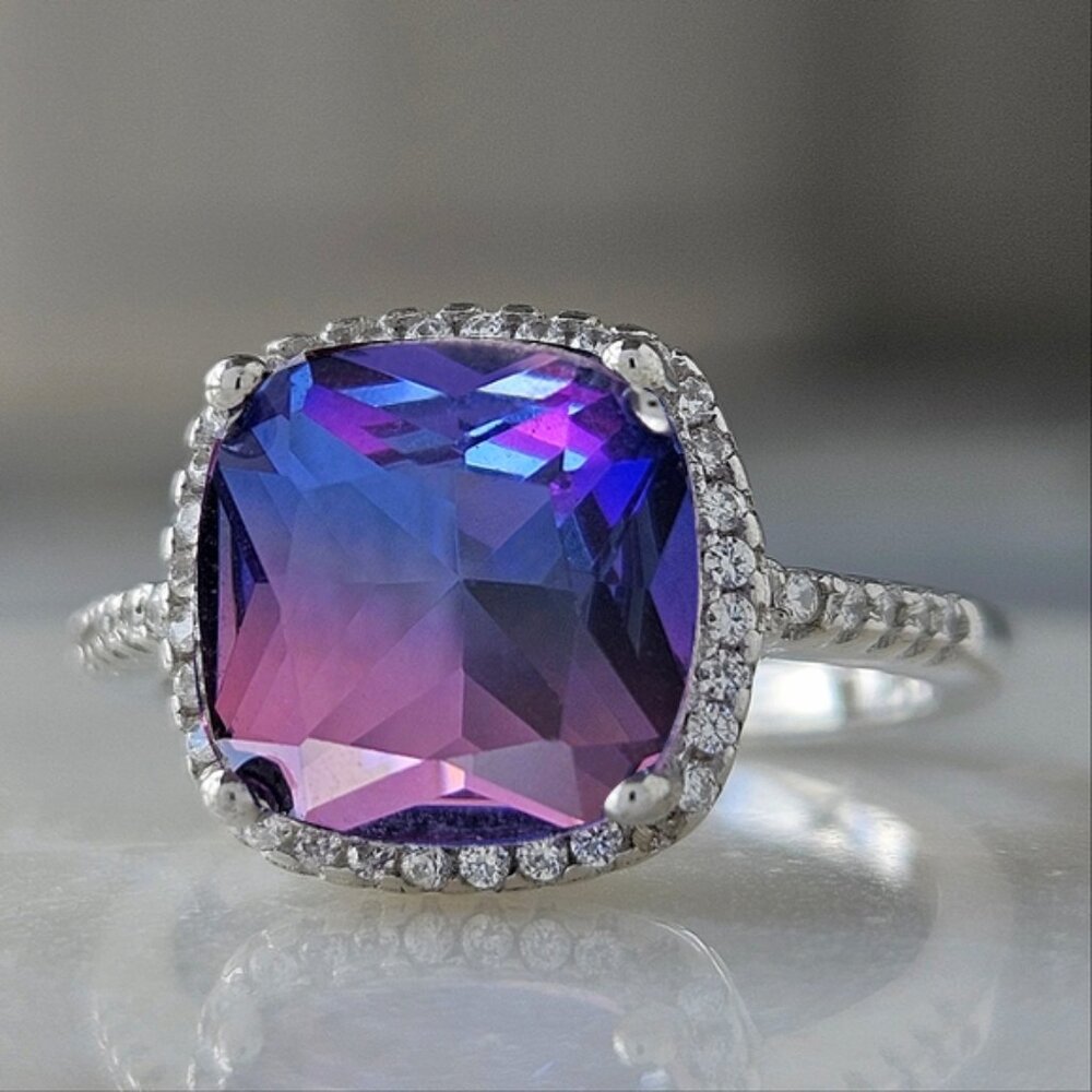 Pink & Purple Cushion Cut Gemstone Ring, 925 Sterling Silver Charmed Aroma